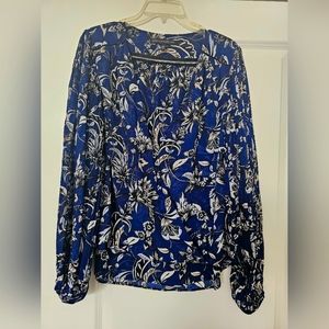 WHBM  Blue, black and cream floral blouse.